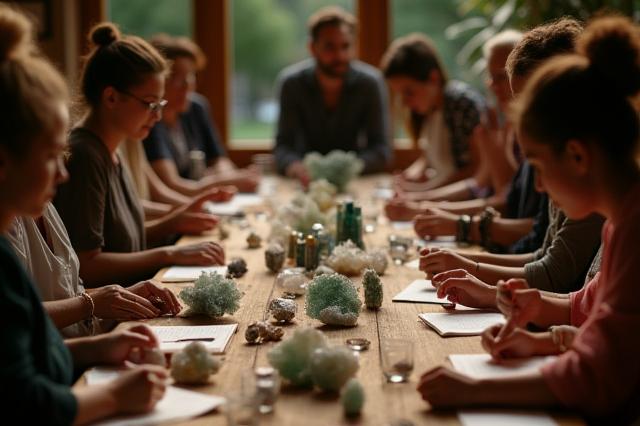 Grupo de personas participando en un taller de cristales, manipulando piedras y tomando notas