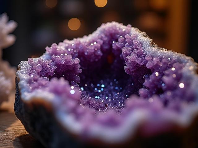 Detalle de una exhibición de geodas y drusas de amatista en una vitrina