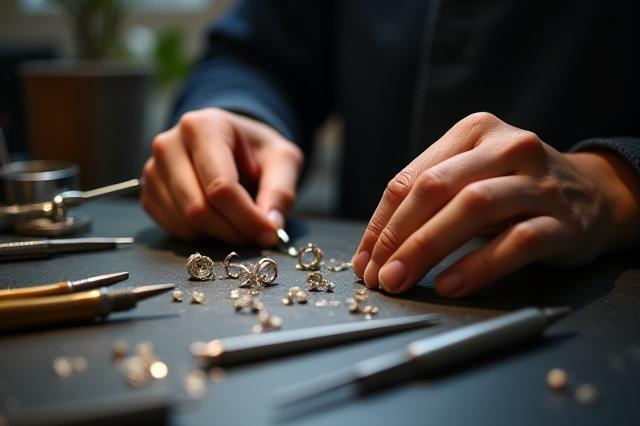 Mesa de trabajo de un joyero con herramientas, algunas gemas y piezas semiterminadas