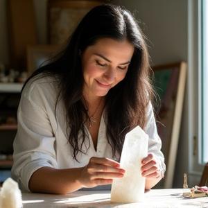 Elena Ramírez, artista con cabello oscuro, trabajando meticulosamente en su taller rodeada de minerales.