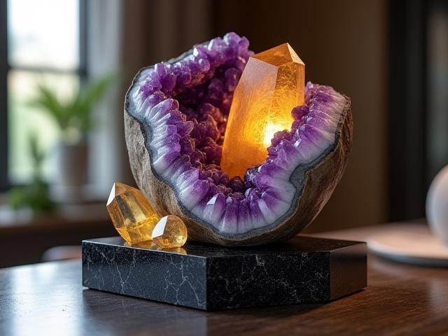 Escultura abstracta de amatista pulida y citrino crudo sobre una base de madera oscura en una oficina moderna.