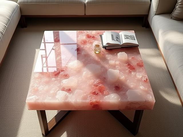 Mesa de centro personalizada con incrustaciones de cuarzo rosa y resina transparente, luz natural cayendo sobre ella.