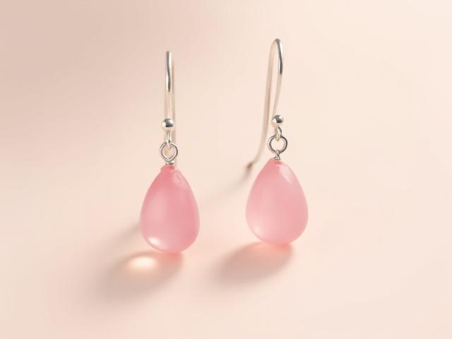 Aretes pequeños de plata con cuarzo rosa en forma de gota, delicadamente pulidos.