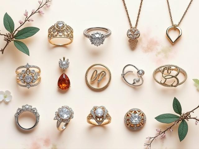 Collage de varias joyas personalizadas, incluyendo un anillo de compromiso único y un colgante con piedra rústica.