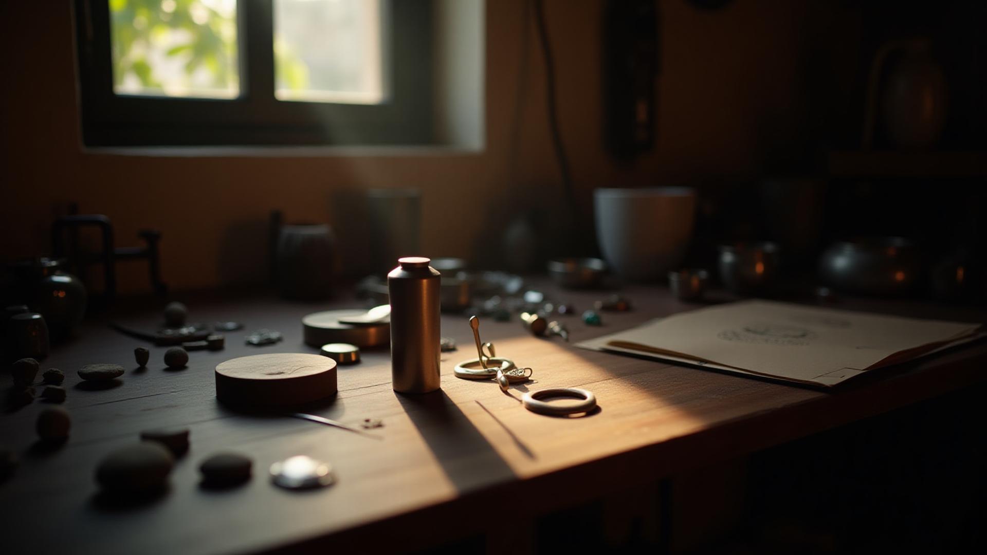 Vista artística del taller de joyería en Roma Norte con herramientas, piedras semitrabajadas y luz cálida.